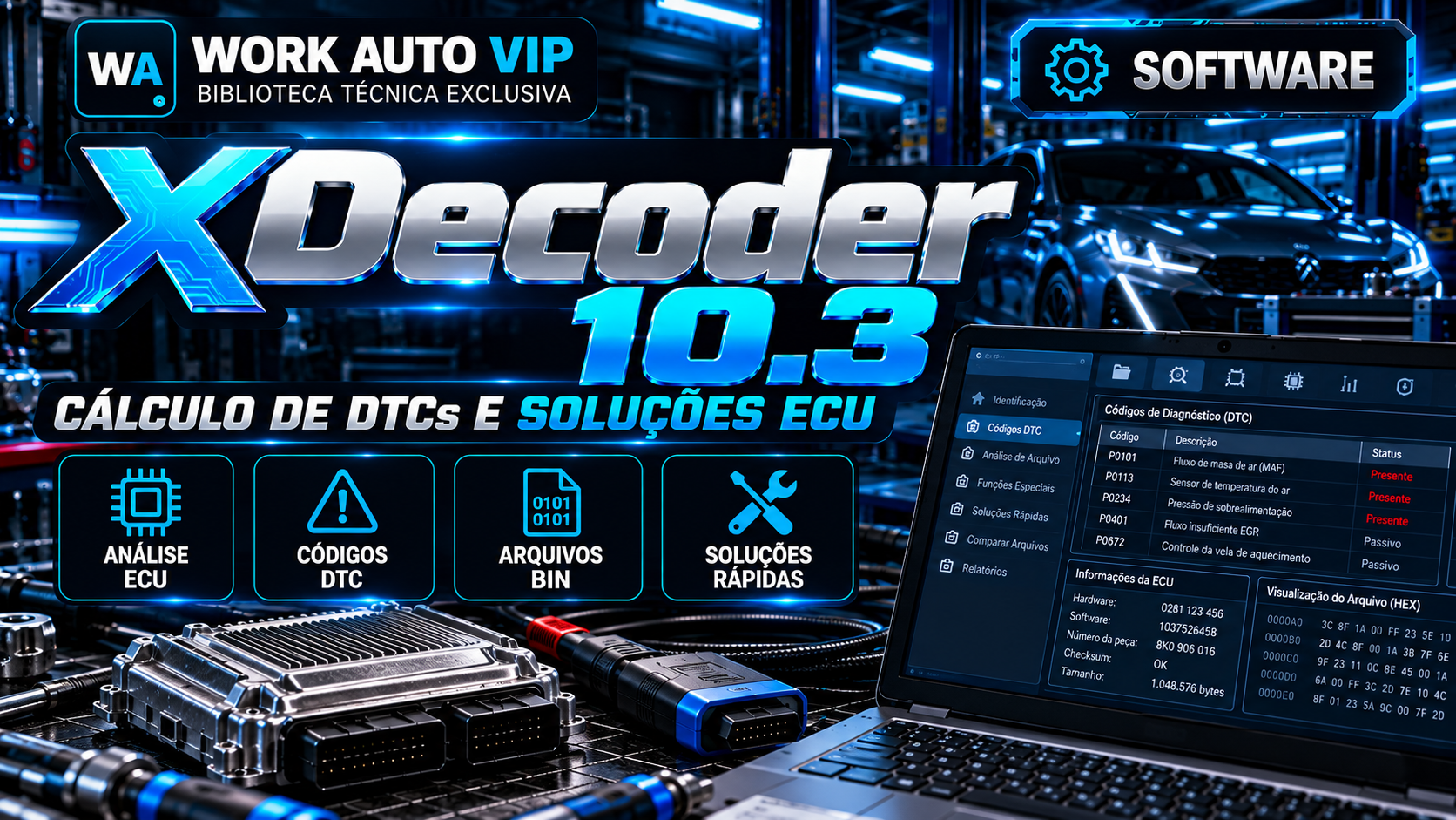 Capa: XDecoder 10.3 — Calculadora de DTCs, Soluções Rápidas e Processamento de Arquivos ECU